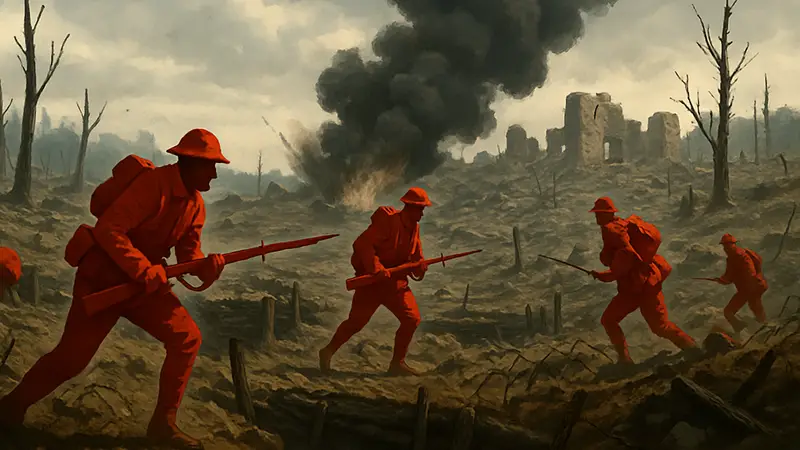 Скриншот из игры по Первой мировой войне Gallipoli с солдатами на поле боя и разрушенным ландшафтом.