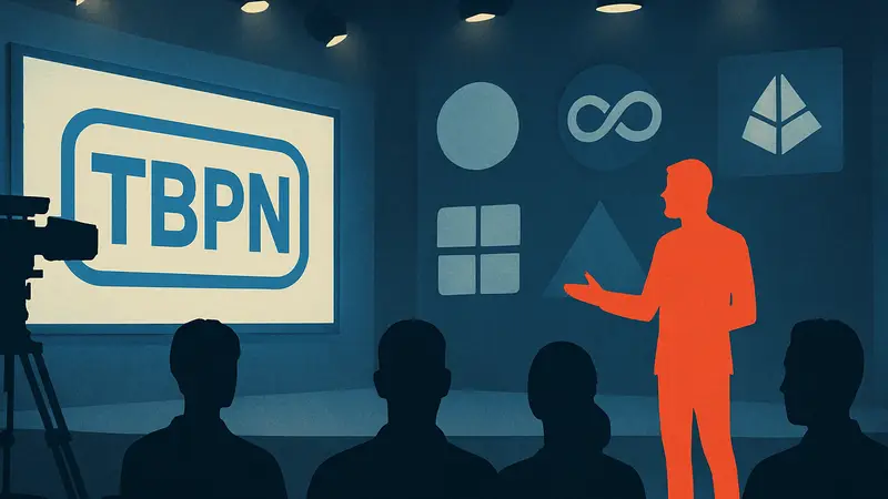 Европейское лайв-шоу ТВ-формата TBPN с логотипами инвесторов на фоне
