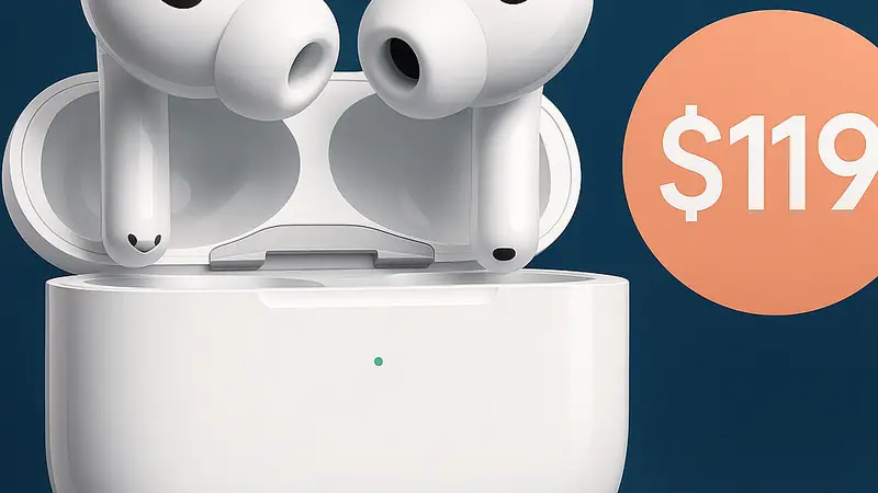 Белые наушники Apple AirPods 4 с активным шумоподавлением (ANC) в зарядном кейсе, демонстрирующие акционную цену $119.