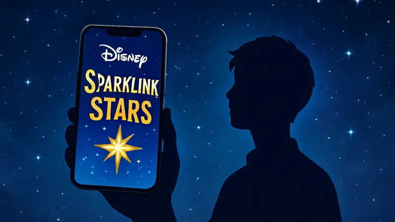 Логотип Disney Sparklink Stars на фоне звёзд, предполагаемая мобильная игра Disney