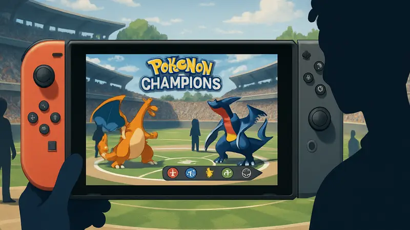 Скриншот игрового процесса Pokémon Champions, интерфейс, покемоны, боевая арена, Nintendo Switch.