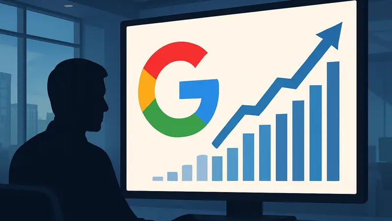 Логотип Google Search на экране с графиком роста поисковых запросов.