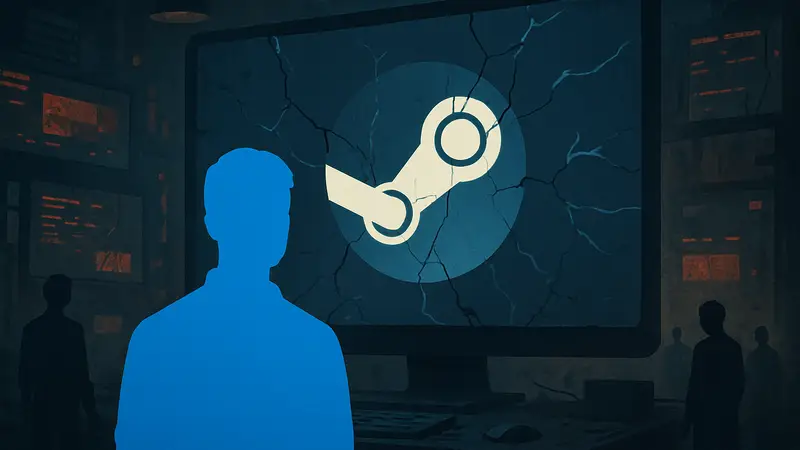 Логотип Steam на фоне сбоя или ошибки, символизирующий глобальный «падение» сервиса.