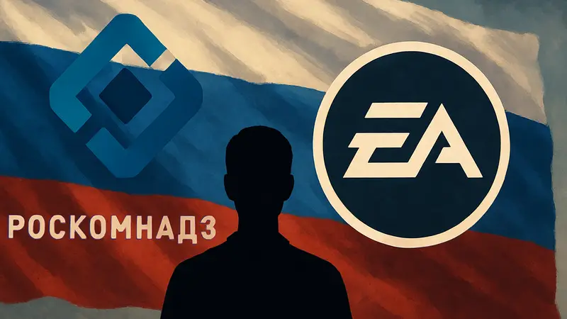 Логотип Роскомнадзора и игр EA на фоне флага России.