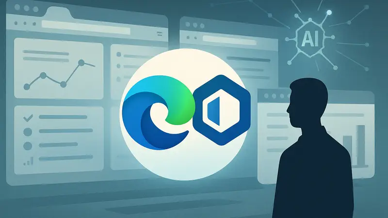 Логотип Microsoft Edge с иконкой Copilot, на фоне могут быть открытые вкладки браузера и элементы ИИ интерфейса.