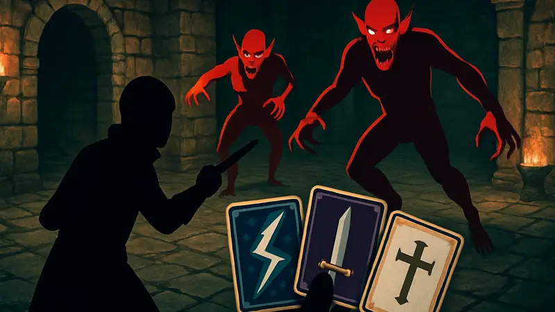 Скриншот из игры Vampire Crawlers, показывающий геймплей от первого лица с картами и вампирами