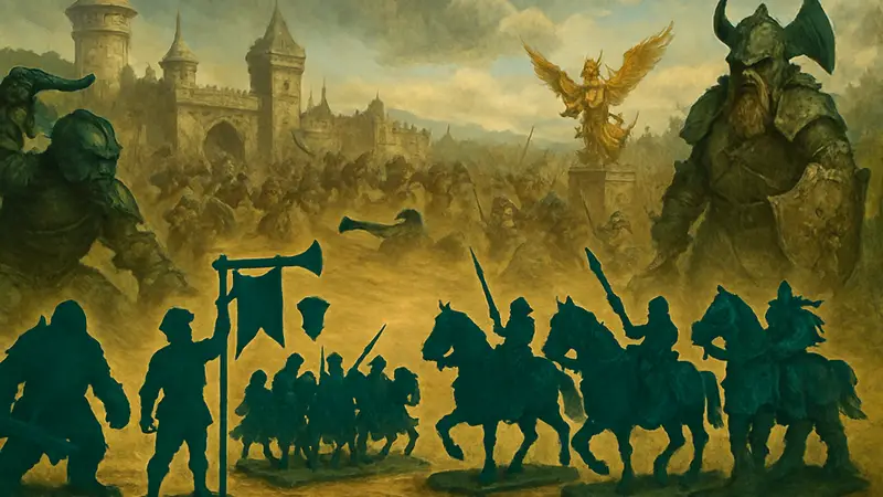 Иллюстрация к настольной игре Warhammer: The Old World, показывающая новые наборы «Боевого марша» с миниатюрами.