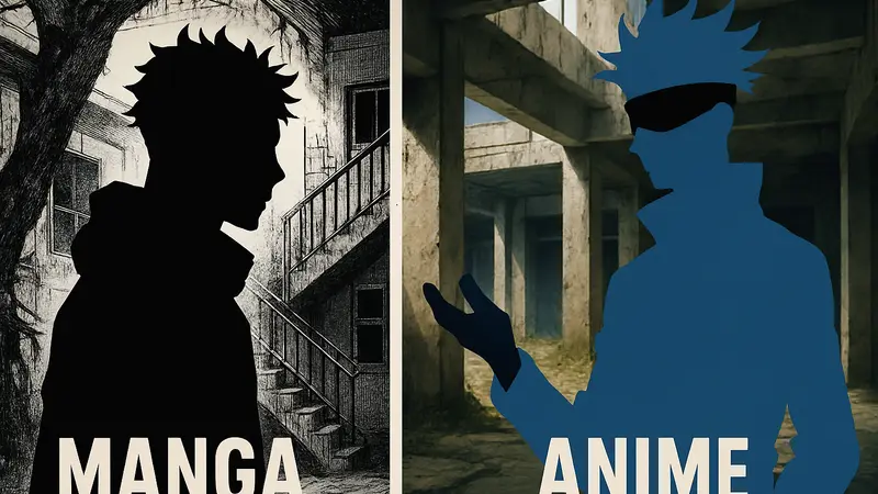 Изображение Юджи Итадори и Сатору Годжо из Jujutsu Kaisen, стилизованное под сравнение кадров манги и аниме для демонстрации различий.
