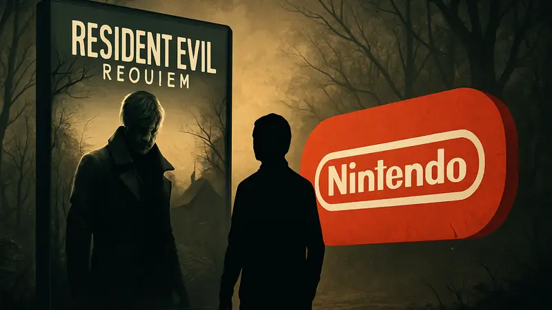 Обложка игры Resident Evil Requiem и логотип Nintendo, символизирующие конкуренцию на рынке.
