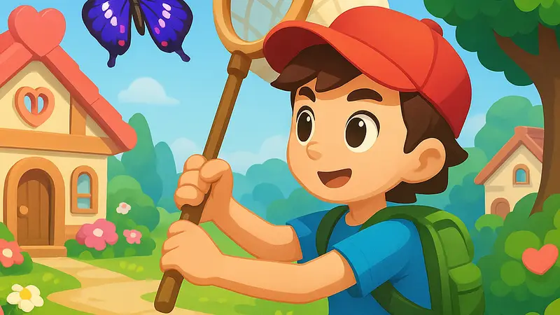 Игрок в Heartopia пытается поймать редкую бабочку Purple Emperor.