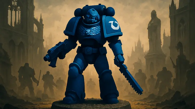Миниатюра космодесантника Кая Конория в броне для настольной игры Warhammer 40,000.