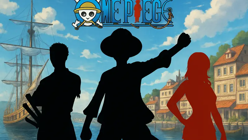 Постер One Piece с главными персонажами Луффи, Зоро и Нами, призывающий участвовать в опросе популярности