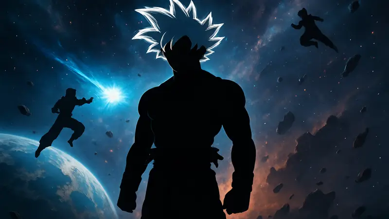 Гоку в форме Ультра Инстинкта на фоне космического сражения из Dragon Ball