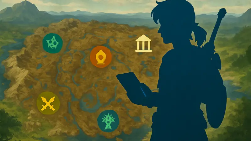 Интерактивная карта Поверхности Хайрула в игре The Legend of Zelda: Tears of the Kingdom с ключевыми точками.