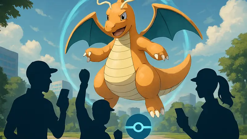 Игроки Pokemon GO сражаются с Супер Мега Драгонитом в Супер Мега Рейде, иллюстрация к гайду.