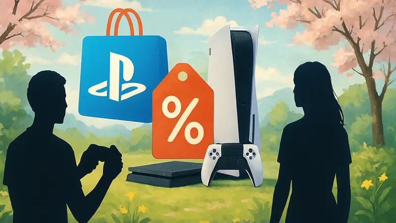 Логотип PlayStation Store с надписью "Весенняя распродажа", скидки на игры для PS5 и PS4.