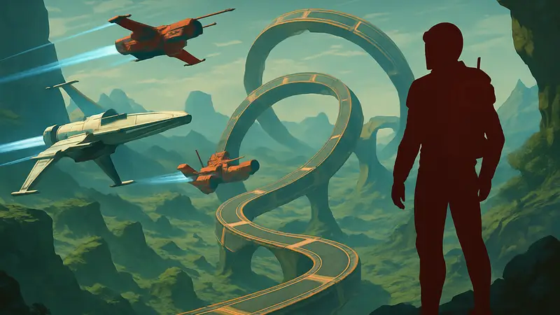 Гонки на звездолётах в No Man's Sky: игрок демонстрирует созданную им сложную трассу.