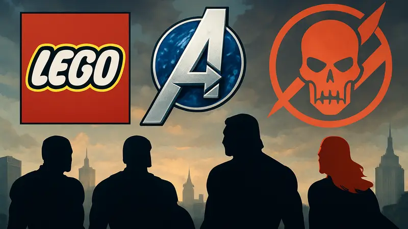 Изображение логотипа LEGO Avengers и символики Судного дня.