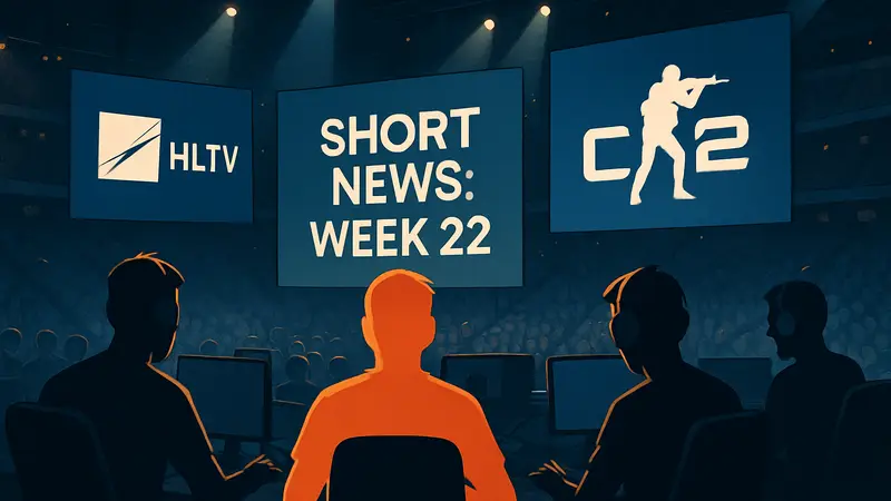 Игроки CS2 на киберспортивном турнире, логотип HLTV, заголовок "Short news: Week 22"