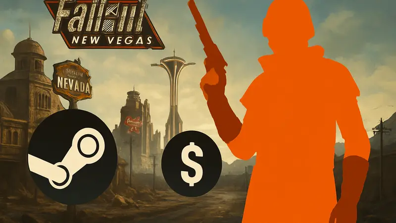 Скриншот из игры Fallout: New Vegas с логотипом Steam и рекламной ценой.