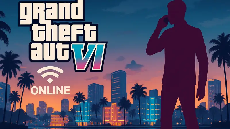 Логотип Grand Theft Auto 6 с намёком на онлайн-мультиплеер на фоне города Вайс-Сити.