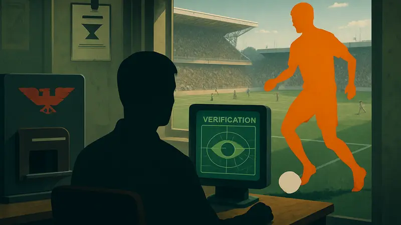 Постер инди-игры Eye of the Match с элементами Papers, Please и футбола