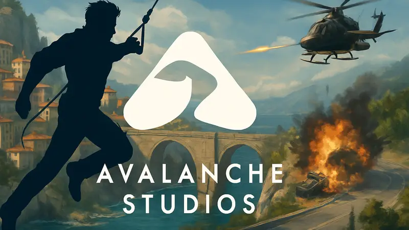 Логотип Avalanche Studios на фоне динамичного кадра из игры Just Cause