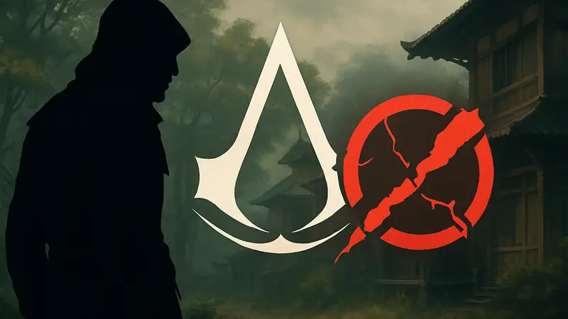 Логотип Assassin’s Creed Shadows и символ Denuvo, взлом защиты от копирования.