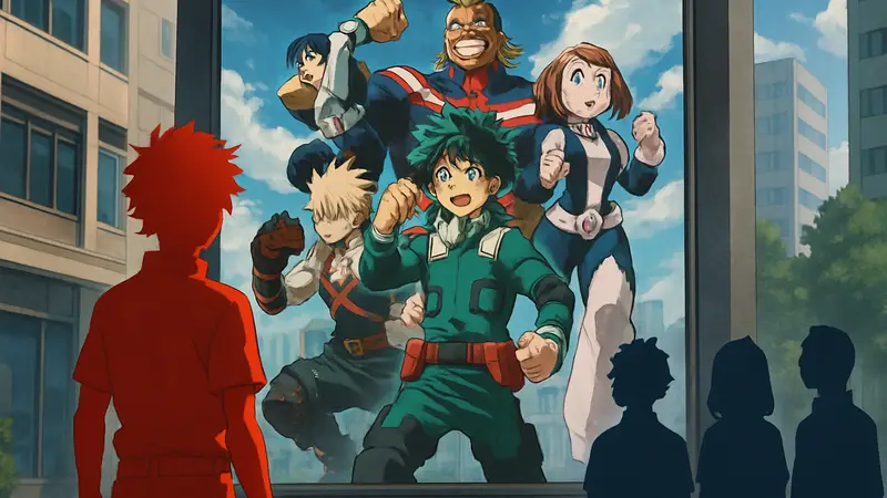 Кадр из аниме My Hero Academia, постер аниме Моя геройская академия.