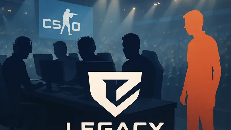 Игроки киберспортивной команды Legacy на турнире по CS2, на переднем плане логотип. n1ssim и insani.