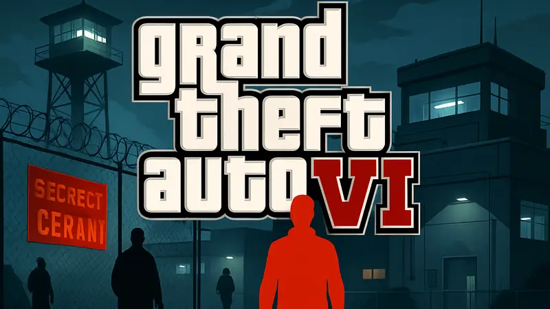 Логотип игры Grand Theft Auto VI на фоне секретного объекта или тестовой лаборатории с надписью 'Секретно'