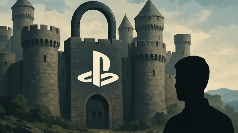 Логотип PlayStation на фоне стилизованного замка, символизирующего цифровую защиту.