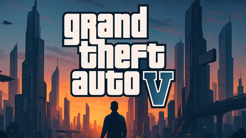 Логотип Grand Theft Auto 6 на фоне футуристического города, символизирующий 2027 год и новую эру.