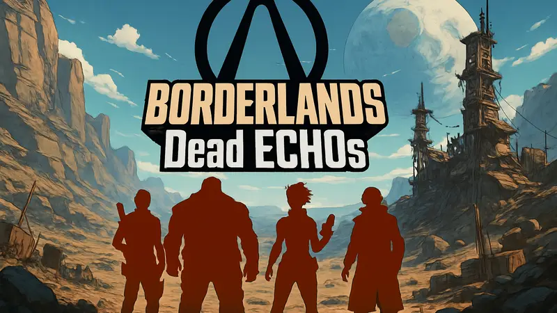Логотип Borderlands Dead ECHOs и персонажи игры на планете Пандора в стилистике Borderlands