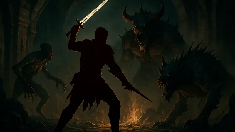Игрок в Diablo 4 сражается с монстрами в тёмном подземелье.