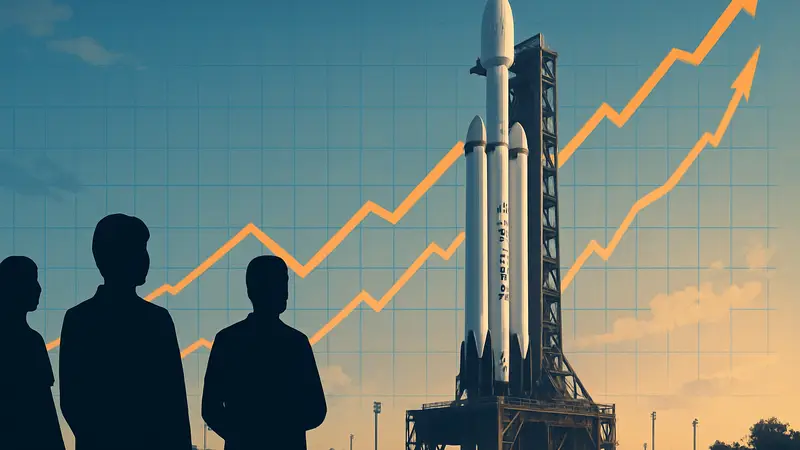 Ракета SpaceX на стартовой площадке на фоне графиков роста акций