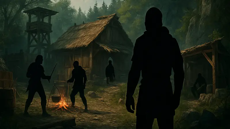 Скриншот Gothic 1 Remake с изображением лагеря бандитов и Квентина