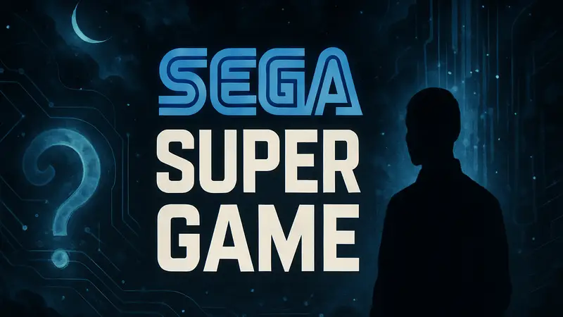 Логотип Sega Super Game на черном фоне с абстрактными элементами, символизирующими загадочность проекта и новые технологии