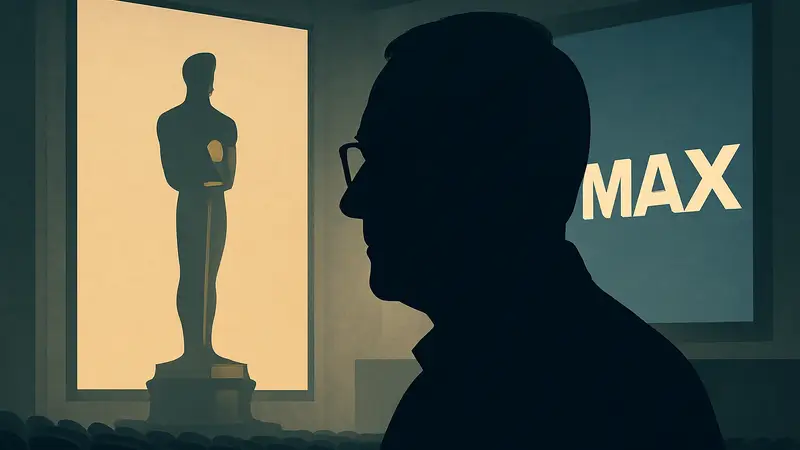 Портрет Дэвида Кейгли, иконы IMAX, на фоне логотипа Оскара и киноэкрана