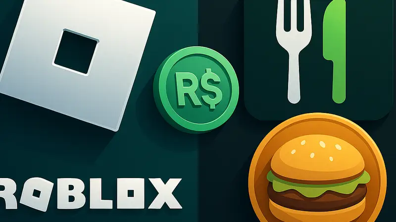 Логотипы Roblox и Uber Eats с символами Robux и еды