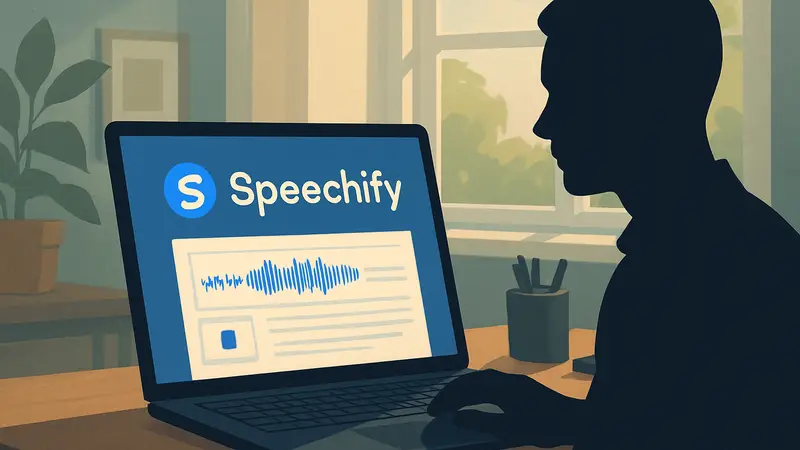 Логотип Speechify на экране ноутбука Windows с интерфейсом приложения для транскрипции.