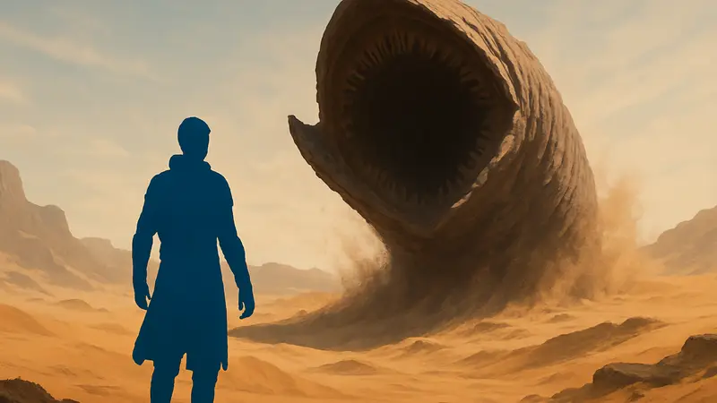 Кадр из игры Dune: Awakening с персонажем в пустыне Арракиса на фоне гигантского песчаного червя.