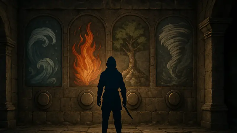 Фрески стихий и кнопки для головоломки "Тайная Палата Мудрости" в Crimson Desert.