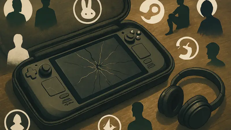 Изображение Steam Deck, лежащего в чехле, с рядом лежащими Bluetooth-наушниками, а вокруг — логотипы игровых сообществ.