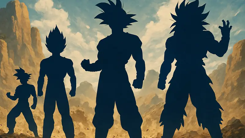 Гоку и другие Сайяны из Dragon Ball в эпических позах, демонстрирующие свои силы