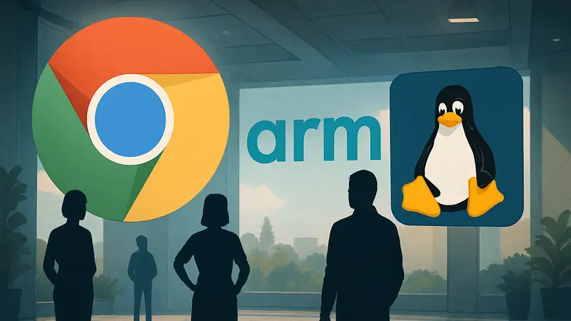 Логотипы Chrome, Arm и Linux, символизирующие новую поддержку.