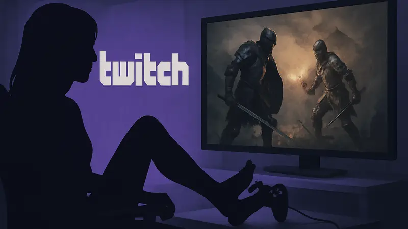 Стримерша Morgpie, играющая в Dark Souls, управляя геймпадом ногами на фоне Twitch.