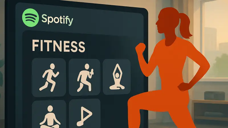 Экран Spotify с разделом 'Фитнес', иконки тренировок