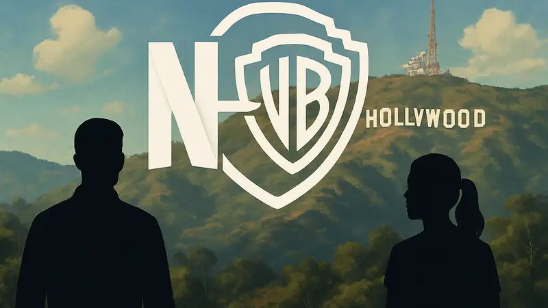 Логотипы Netflix и Warner Bros., объединенные в знак слияния, на фоне Голливудских холмов, символизирующие историческую сделку.