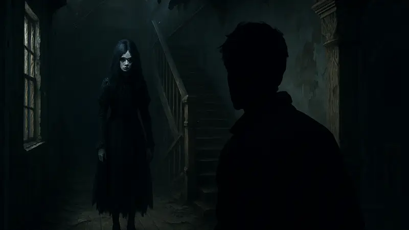Девушка-антагонист из Resident Evil Requiem, преследующая главного героя, в тёмной обстановке.